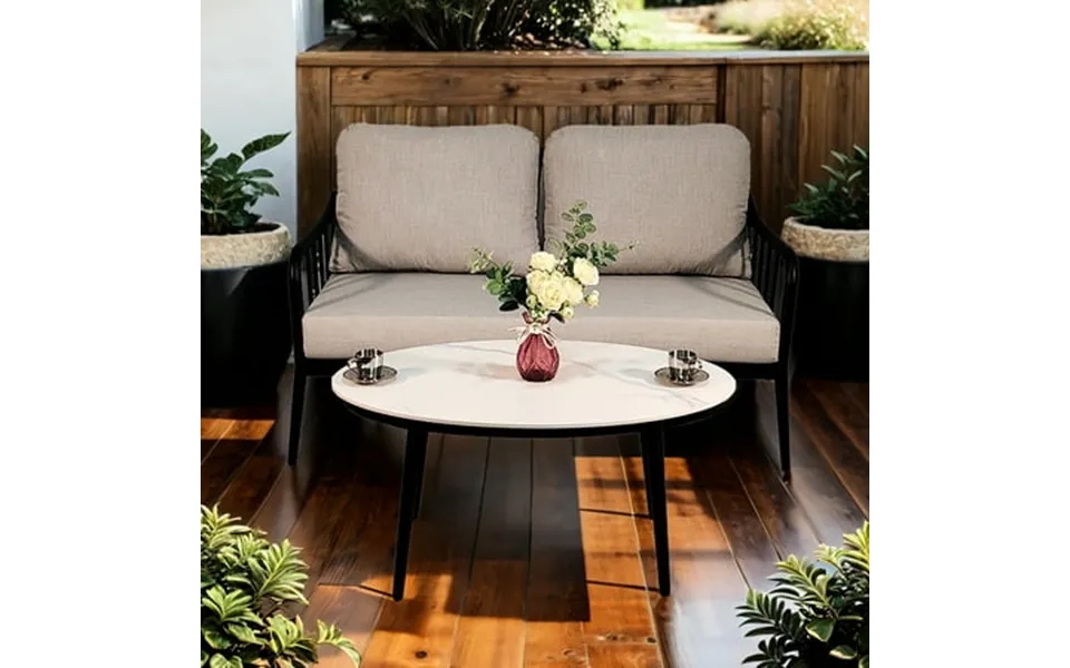 Modern Outdoor Patio Furniture - 2pc With Aluminum Cushions Oval Coffee Table White Marble-like Sintered Stone Top Trend