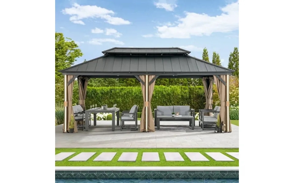 Modern Shade 12 X 20 Metal Hardtop Gazebo With Double Roof 6 Led Lights Usb Ports Curtains & Netting