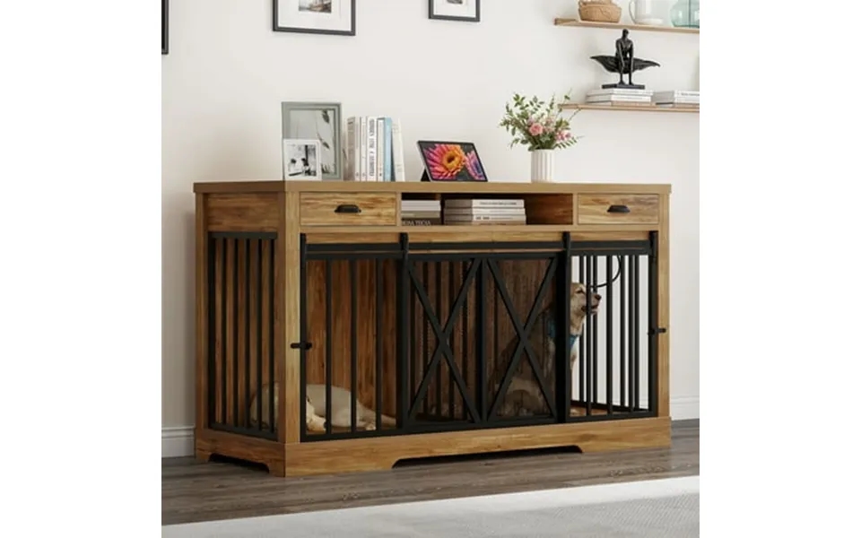 Modfusion 63 Vintage Brown Multi-functional Tv Stand & Dog Crate With Charging Station - Fits Two Dogs 15-30 Lbs