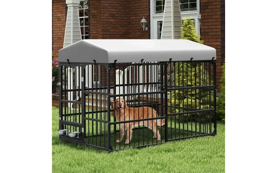 Modfusion Large Outdoor Dog Kennel With Roof Heavy Duty Galvanized Iron Frame Rotating Feeder Bowls Waterproof & Uv Resi