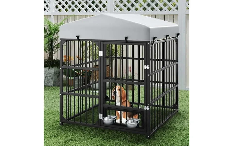 Modfusion Large Outdoor Dog Kennel With Roof Heavy Duty Galvanized Iron Frame Rotating Feeder Bowls Waterproof & Uv Resi