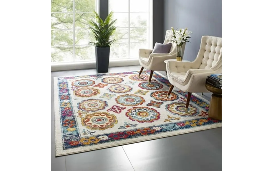 Modway Entourage Odile Distressed Floral Moroccan Trellis 8x10 Area Rug In Ivory Blue Red Orange Yellow