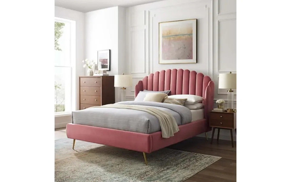 Modway Lana Queen Performance Velvet Wingback Platform Bed In Dusty Rose