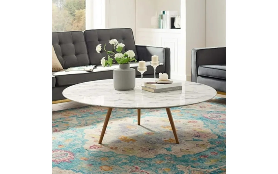 Modway Lippa 48 Round Artificial Marble Coffee Table With Tripod Base In Walnut White