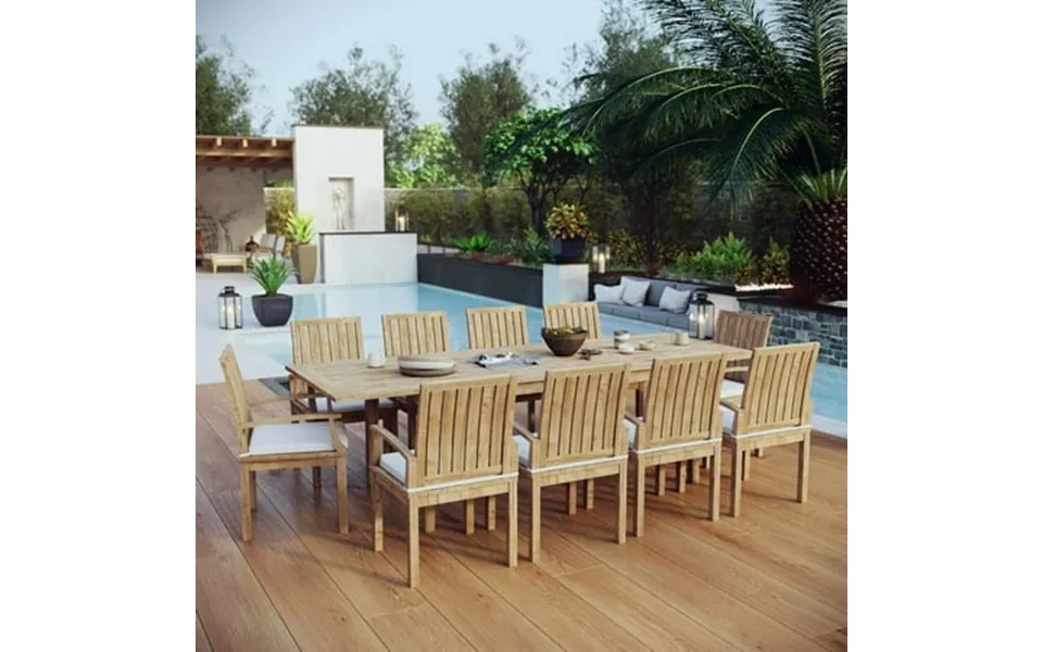Modway Marina 11 Piece Outdoor Patio Teak Dining Set In Natural White