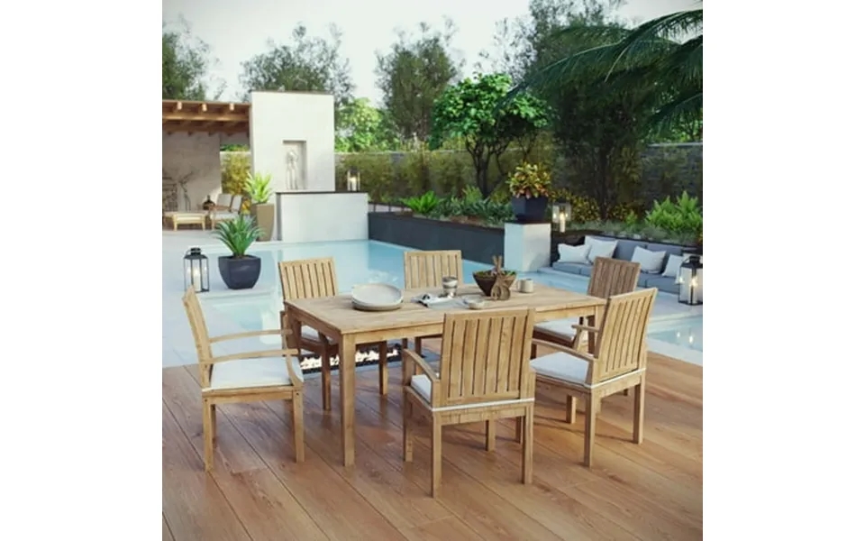 Modway Marina 7 Piece Outdoor Patio Teak Dining Set In Natural White
