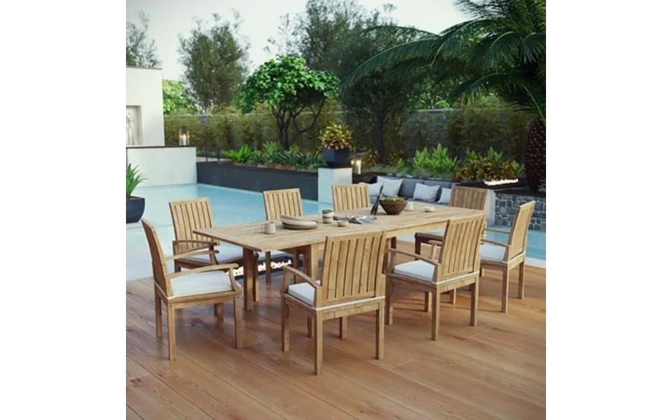 Modway Marina 9 Piece Outdoor Patio Teak Dining Set In Natural White