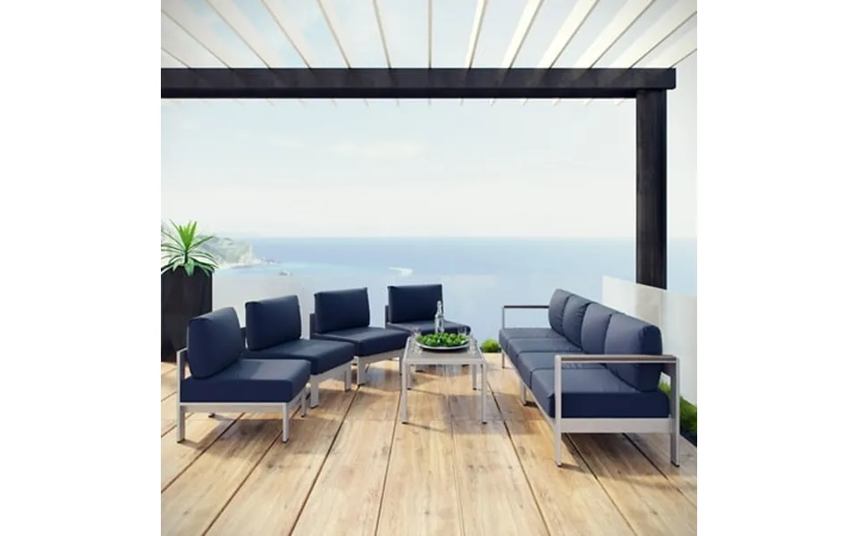 Modway Shore 7 Piece Outdoor Patio Sectional Sofa Set In Silver Navy