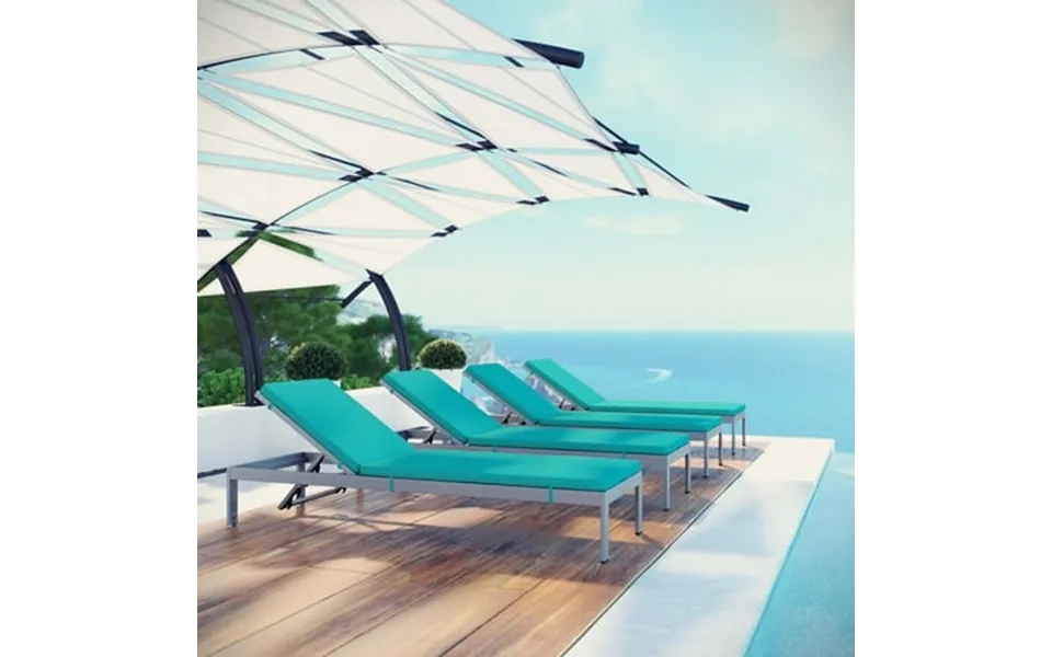 Modway Shore Aluminum Patio Chaise Lounge In Silver And Turquoise Set Of 4