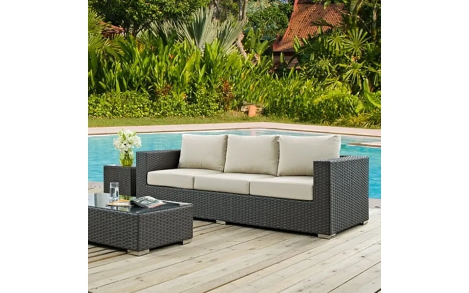 Modway Sojourn Aluminum And Rattan Patio Sofa In Canvas Antique Beige