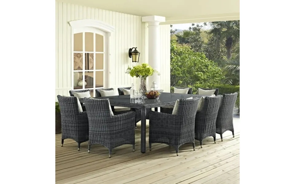 Modway Summon 11 Piece Outdoor Patio Sunbrella Dining Set In Antique Canvas Beige