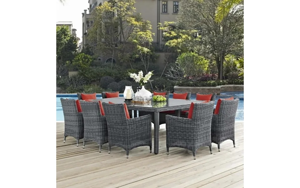 Modway Summon 11-piece Rattan Fabric Patio Dining Set In Canvas Gray Red