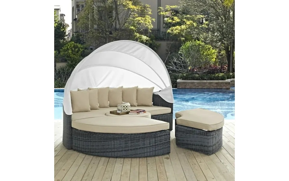 Modway Summon Canopy Outdoor Patio Sunbrella Daybed In Antique Canvas Beige