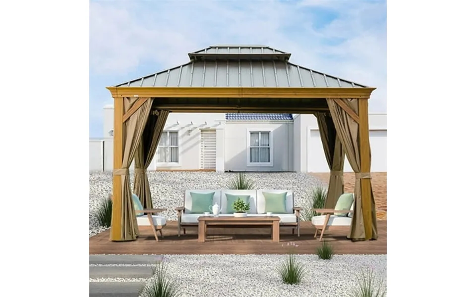 Mondawe 10 X12 Hardtop Gazebo Wooden Coated Aluminum Frame Canopy With Galvanized Steel Double Roof Outdoor Permanent Me