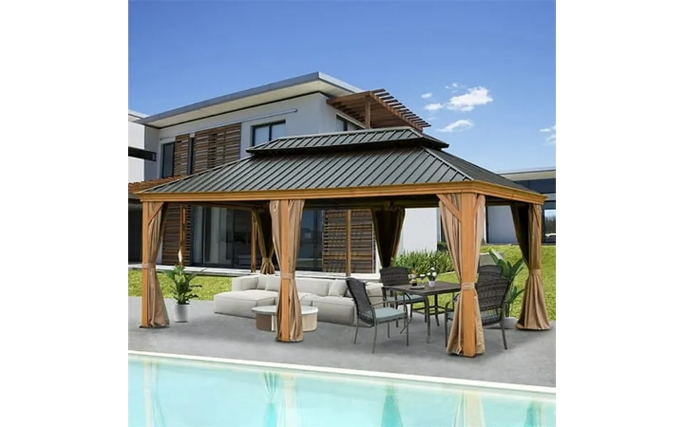 Mondawe 12 X18 Hardtop Gazebo Wooden Coated Aluminum Frame Canopy With Galvanized Steel Double Roof Outdoor Permanent Me