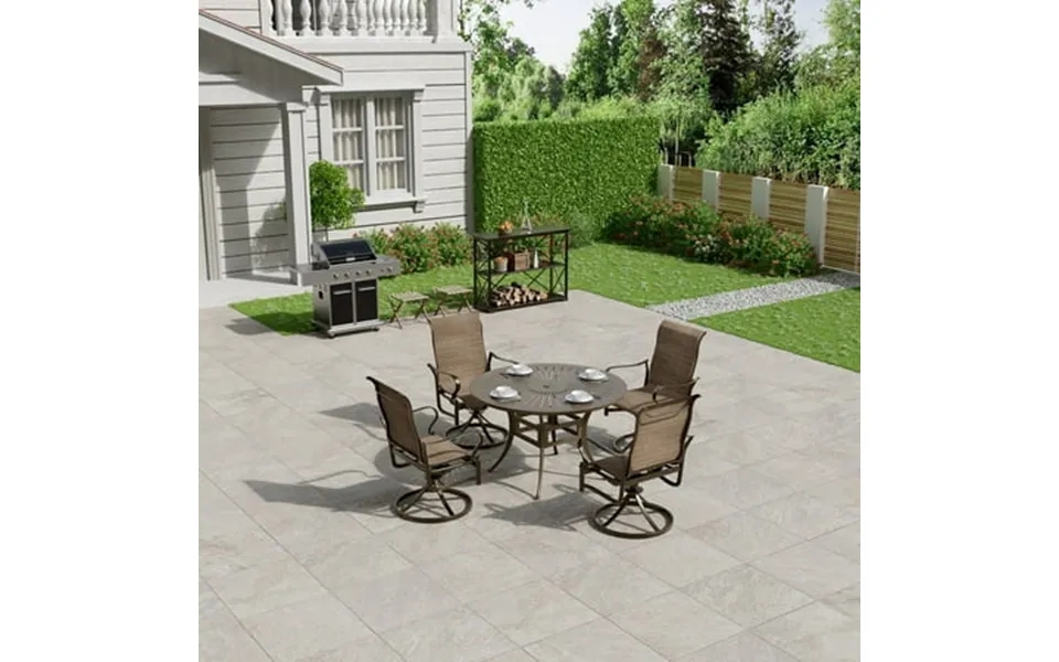 Mondawe 5 Pcs Patio Dining Sets With 4 Swivel Chairs And 1 Large Round Table All Weather Heavy Duty Bronze Frame Outdoor