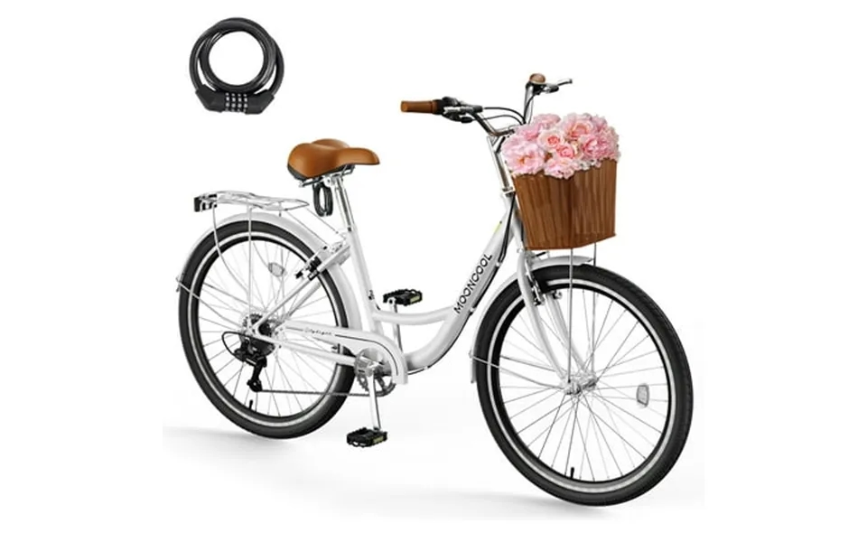 Mooncool 24 26 Inch Cruiser Bike For Women 7 Speed Step-through Bicycle With Basket Rear Rack & Lock Retro City Bike For