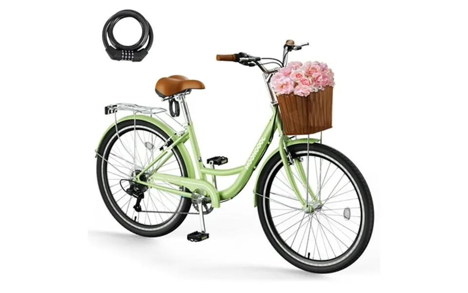 Mooncool 24 26 Inch Cruiser Bike For Women 7 Speed Step-through Bicycle With Basket Rear Rack & Lock Retro City Bike For