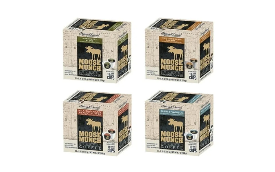 Moose Munch Coffee By Harry & David Northwest Chocolate Caramel Chocolate Peanut Butter Maple Vanilla 4 18 Ct Boxes