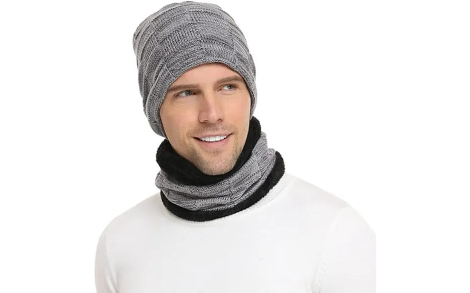 Morttic Mens Winter Beanie Hat Scarf Set Warm Fleece Lined Knit Ski Hats Slouchy Skull Cap Gray