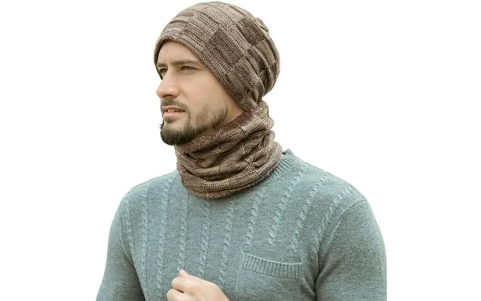 Morttic Mens Winter Beanie Hat Scarf Set Warm Fleece Lined Knit Ski Hats Slouchy Skull Cap Khaki