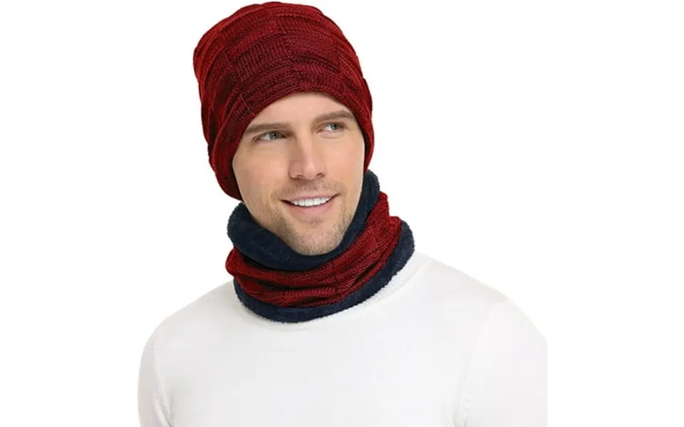 Morttic Mens Winter Beanie Hat Scarf Set Warm Fleece Lined Knit Ski Hats Slouchy Skull Cap Wine Red
