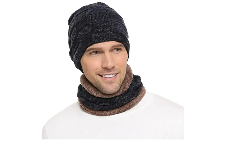 Morttic Mens Winter Beanie Hats Scarf Set Warm Knit Hats Skull Cap Neck Warmer With Thick Fleece Lined Navy Blue