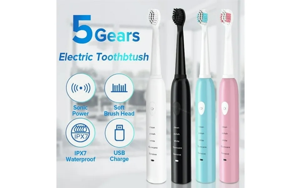 Morttic Usb Rechargeable Sonic Electric Toothbrush Clean Massage Timer 5 Modes 4* Heads For Adults Blue