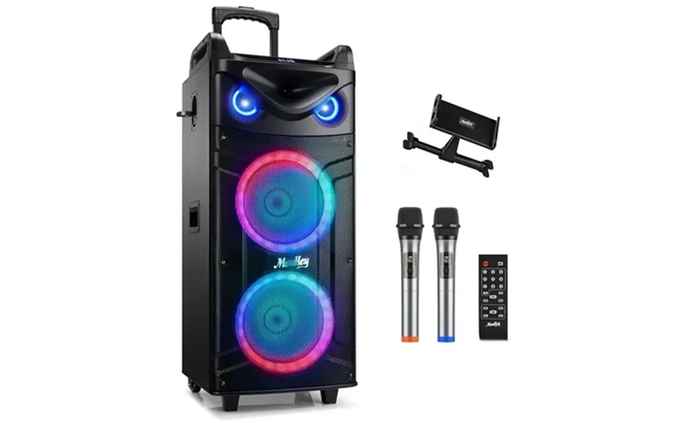 Moukey Karaoke Machine Double 10 Woofer Pa System For Party With 2 Wireless Microphone Disco Lights