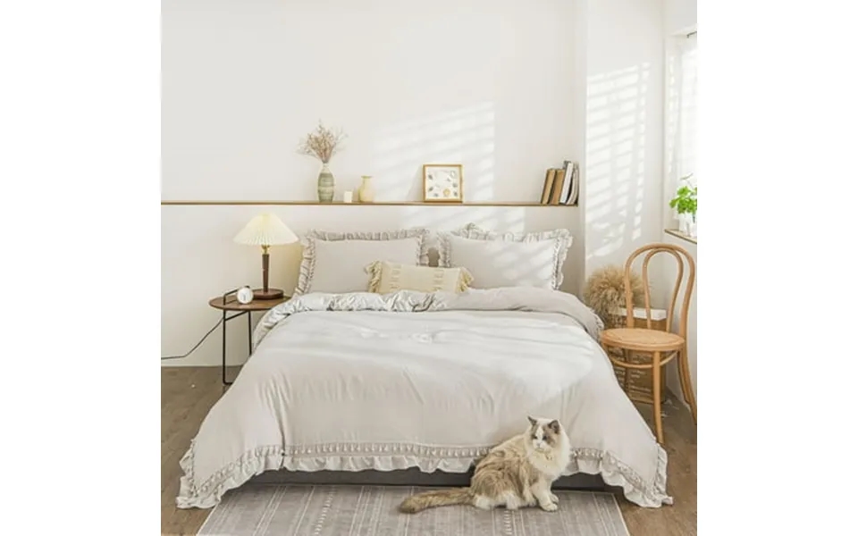 Move Over Cream Grey Tassel Ruffle Bedding Sets King Beige Grey Ruffle Pattern Solid Duvet Cover Set Washed Microfiber N