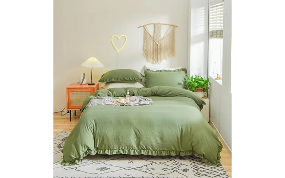 Move Over Olive Green Ruffle Duvet Cover Set Twin Size 2 Pieces Ultra Soft Farmhouse Solid Green Ruffled Bedding Set No