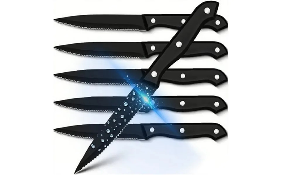 Myvit Steak Knives Set Of 6 - Serrated Stainless Steel Kitchen Steak Knives Black Handle Cutting Knife Set Dishwasher Sa