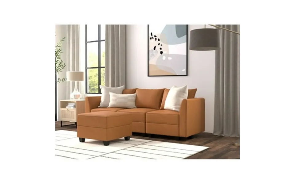 Naomi Home Elizabeth Modern Diy Collection-color Caramel Fabric Air Leather Style Sofa With Ottoman