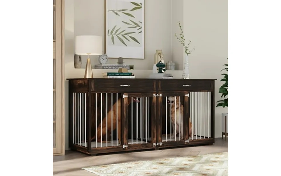 Nartru 72.4 Large Dog Crate Furniture Rustic Wooden Dog Kennel Tv Stand Drak Brown