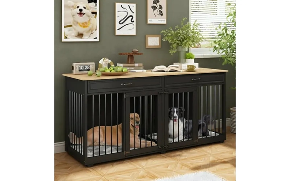 Nartru 72.4 Large Double Dog Crate Kennel Furniture With Divider And 2 Drawers For 2 Medium Or Large Dogs Indoor Black N