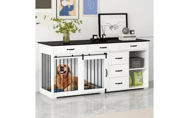 Nartru 72.5 Wooden Furniture Style Crate For Dog With Sliding Door Drawers And Shelves product image