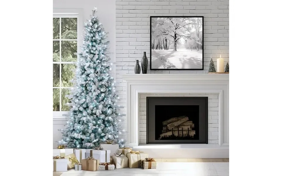 National Tree Company 7.5 Ft. Pre-lit Feel Real Artificial Snowy Comet Slim Christmas Tree Blue 550 Cool White Led Light