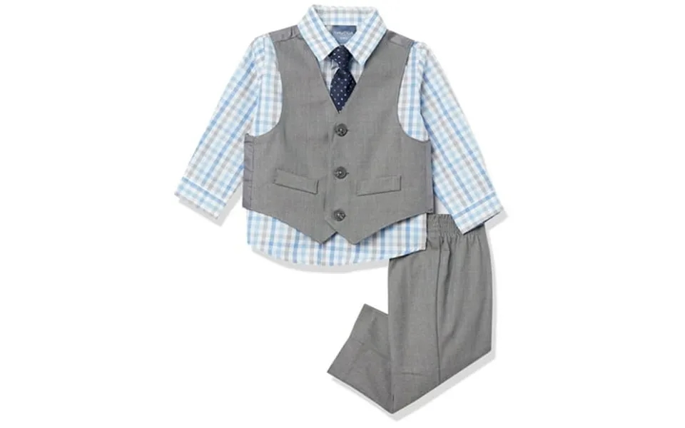 Nautica Baby Boys 4-piece Vest Set With Dress Shirt Vest Pants And Tie Suit Light Grey Blue Check 24 Months Us