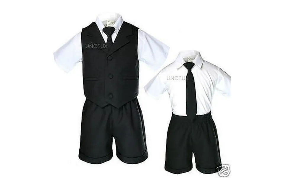 New Baby Infant Toddler Formal Eton Black 4 Pc Tie Vest Shorts Set Boy Suit S-4t