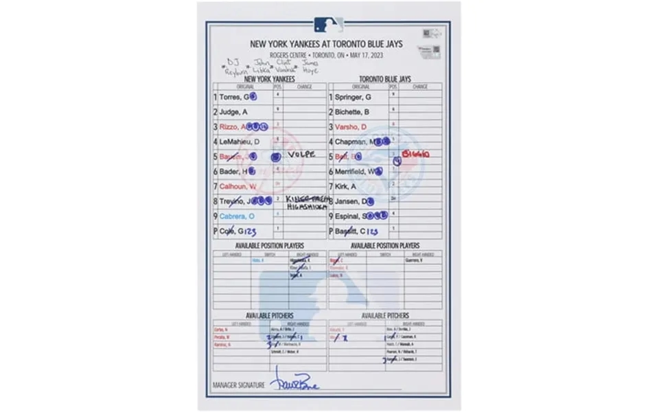 New York Yankees Game-used Lineup Card Vs. Toronto Blue Jays On May 17 2023 - Fanatics Authentic Certified
