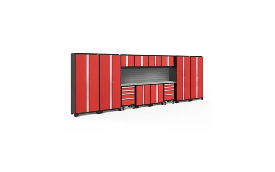 Newage Products Bold Series Red 14 Piece Cabinet Set Heavy Duty 24-gauge Steel Garage Storage System Slatwall Included