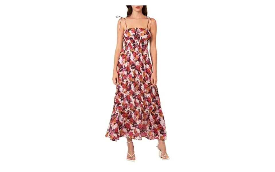 Nicholas Womens White Smocked Zippered Tie Strap Tiered Lined Floral Spaghetti Strap Square Neck Maxi Fit Flare Dress 4