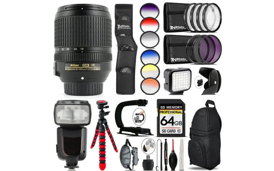 Nikon Af-s Dx Nikkor 18-140mm F 3.5-5.6g Ed Vr Lens Pro Flash Led Light - 64gb Accessory Bundle