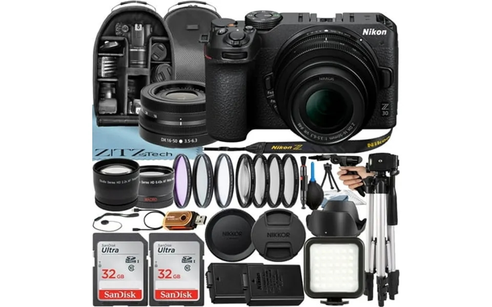 Nikon Z30 Mirrorless Camera With Nikkor Z Dx 16-50mm Vr Lens 2 Pack 32gb Sandisk Card Case Tripod Zeetech Accessory Bund