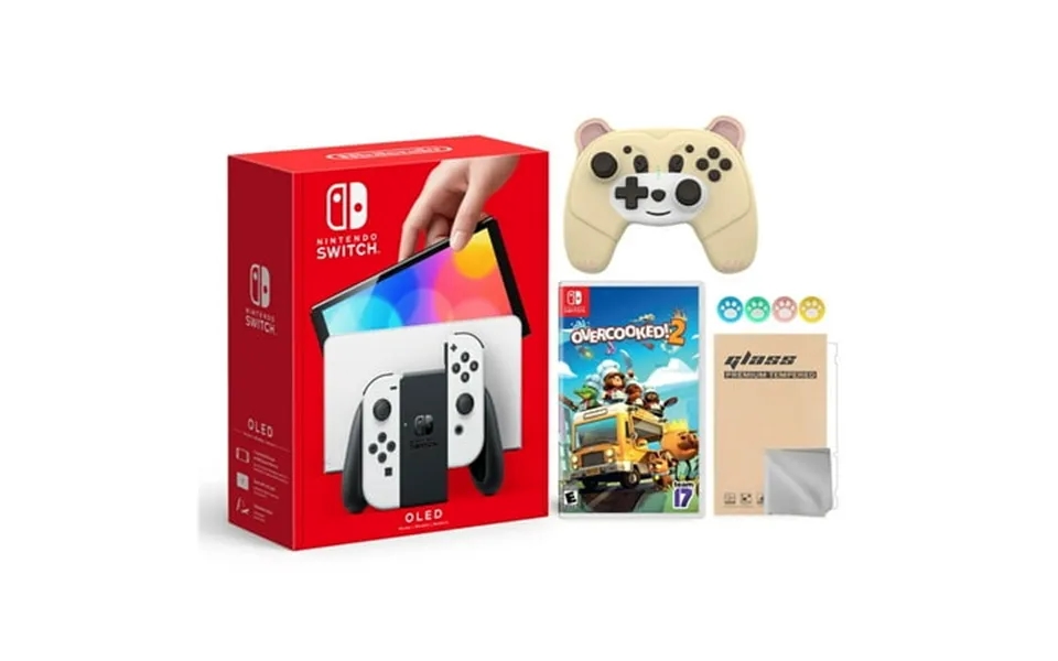 Nintendo Switch Oled Model White Joy Con 64gb Console Improved Hd Screen & Lan-port Dock With Overcooked 2 And Mytrix Ac