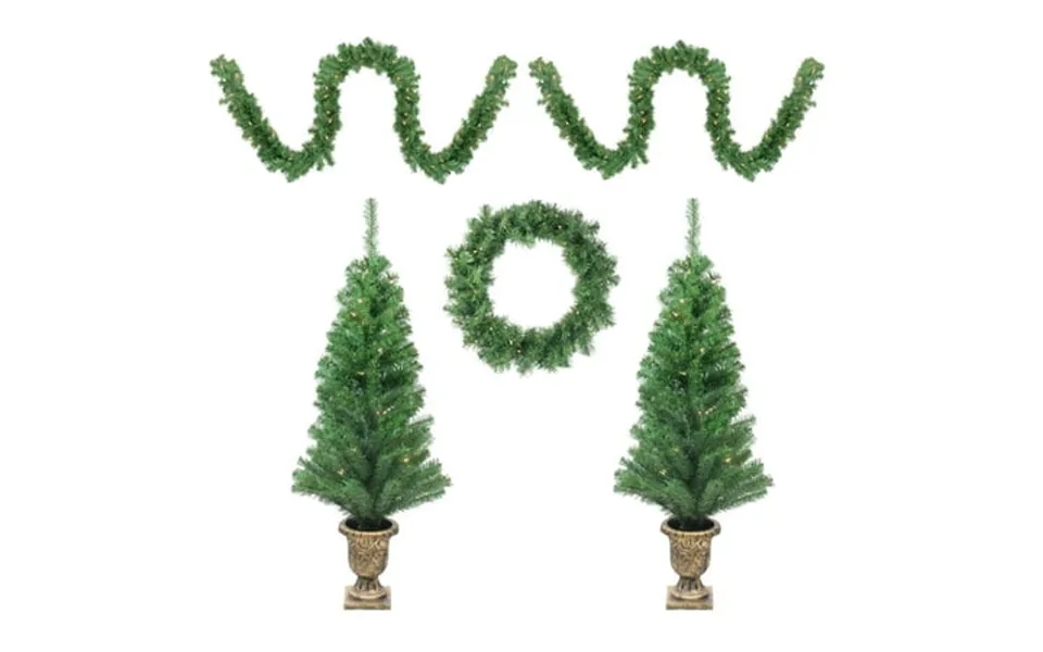 Northlight Prelit Artificial Christmas Trees Wreath And Garland Set Winter Spruce 5pc - Clear