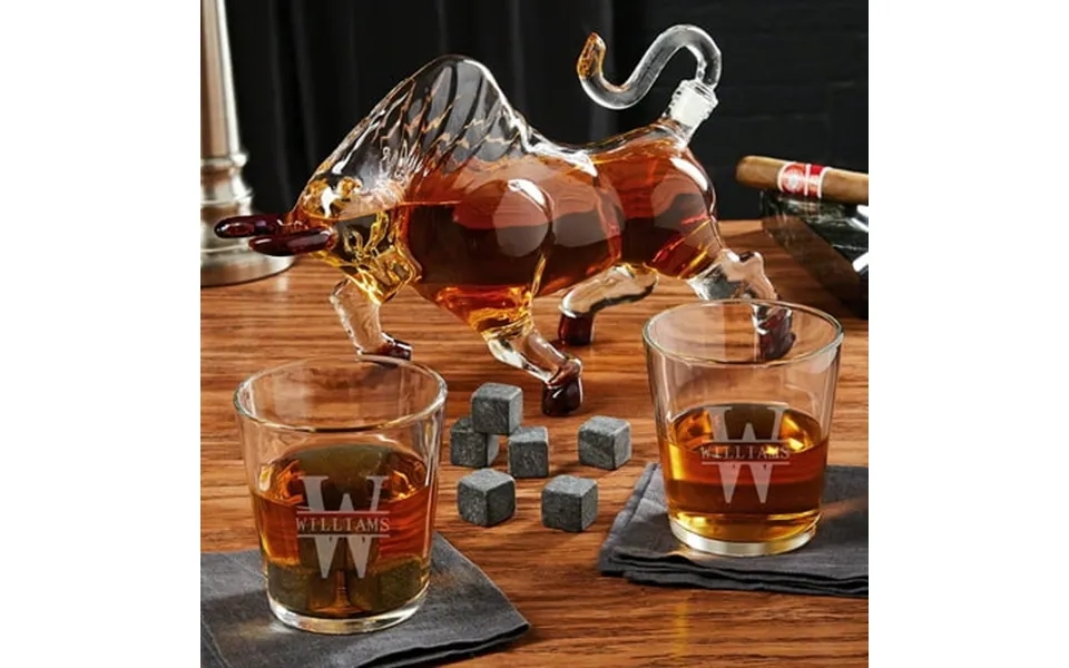 Oakmont Custom El Matador Liquor Decanter Set With Engraved On The Rocks Glasses