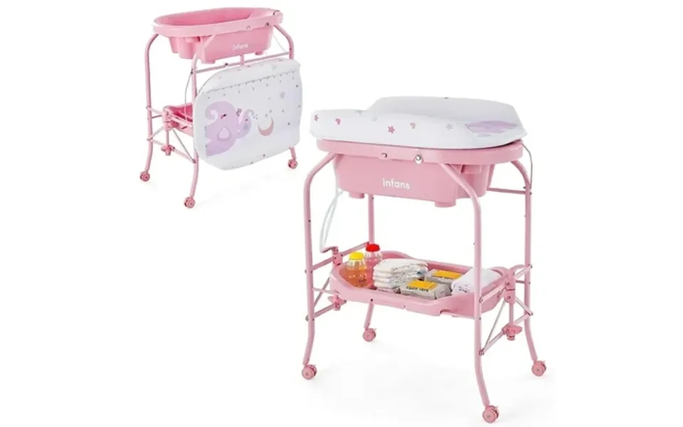Olakids 2 In 1 Baby Changing Table With Bath Tub Unit Folding Diaper Dresser Station With Wheels Waterproof Pad Storage