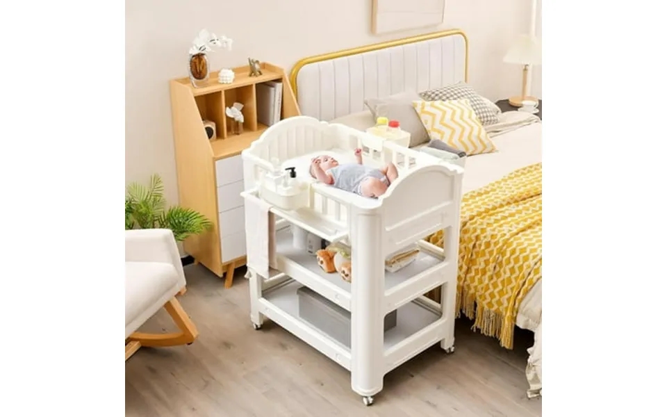 Olakids Baby Changing Table Diaper Dresser Station With Latex Pad And Pillow 3 Hanging Boxes 2 Storage Racks Lockable Wh