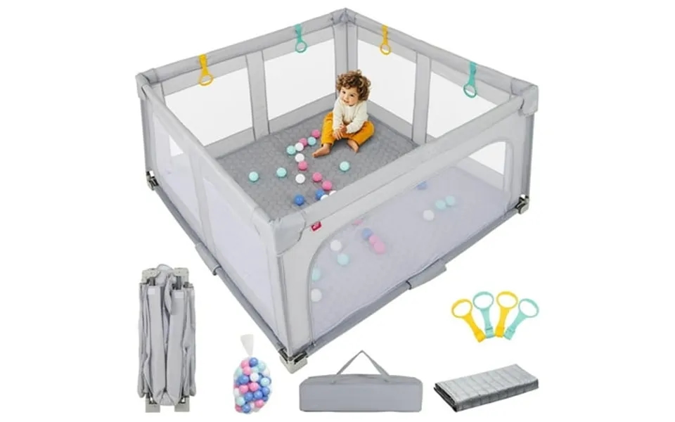 Olakids Foldable Baby Playpen With Mat 59 X 59 Large Baby Play Yard For Infant With 50 Ocean Balls 4 Handlers Carry Bag